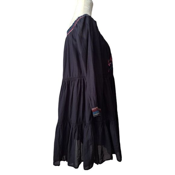Free People Sunbeam Black Embroidered Off Shoulder Boho Peasant Tunic Dress M - Picture 5 of 9